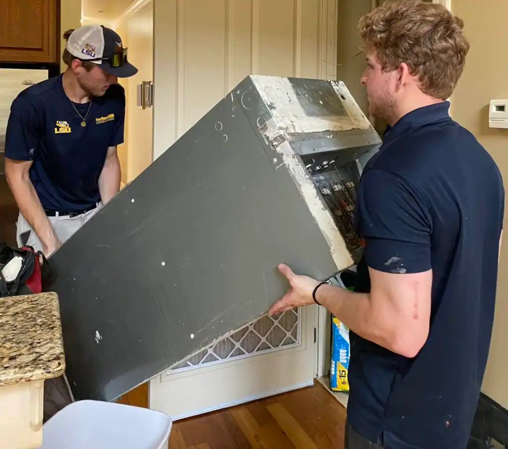 Two technicians in navy Southern Air uniforms install a large HVAC ductwork unit indoors. Internal components and insulation are visible on the unit.