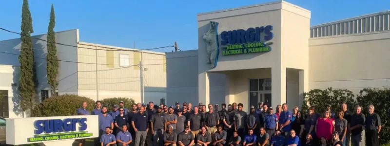 Large team of SURGIS employees standing in front of their heating, cooling, electrical and plumbing service company building in Louisiana.